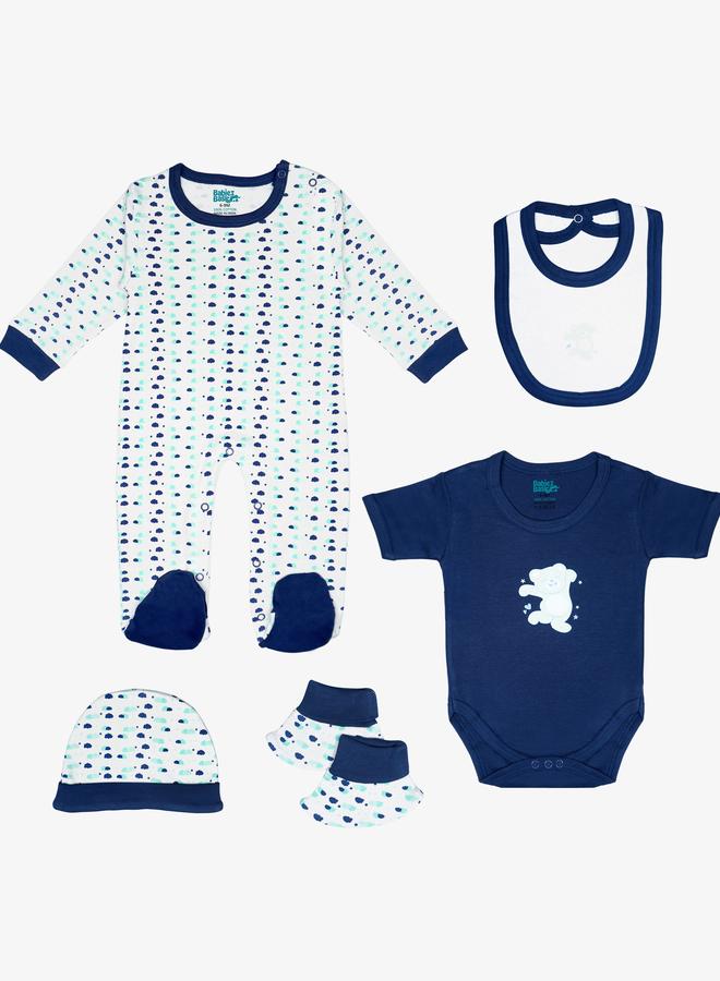 Babies Basic 5-Piece 100% Cotton Bib, Romper, Mittens, Cap and Sleepsuit Set - Image 1